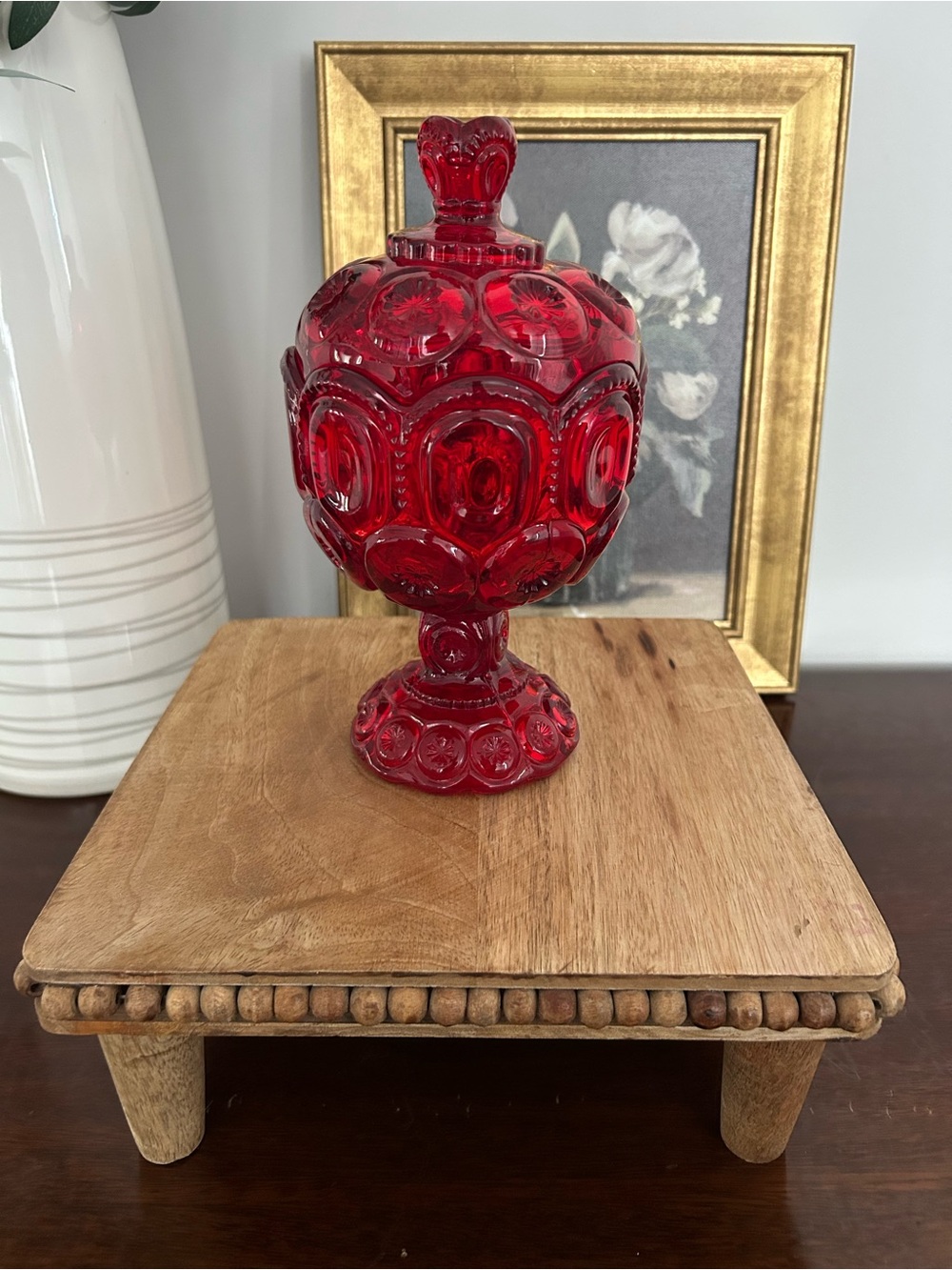 Vintage LE Smith Moon & Stars Ruby Red Glass Pedestal Compote Candy Dish